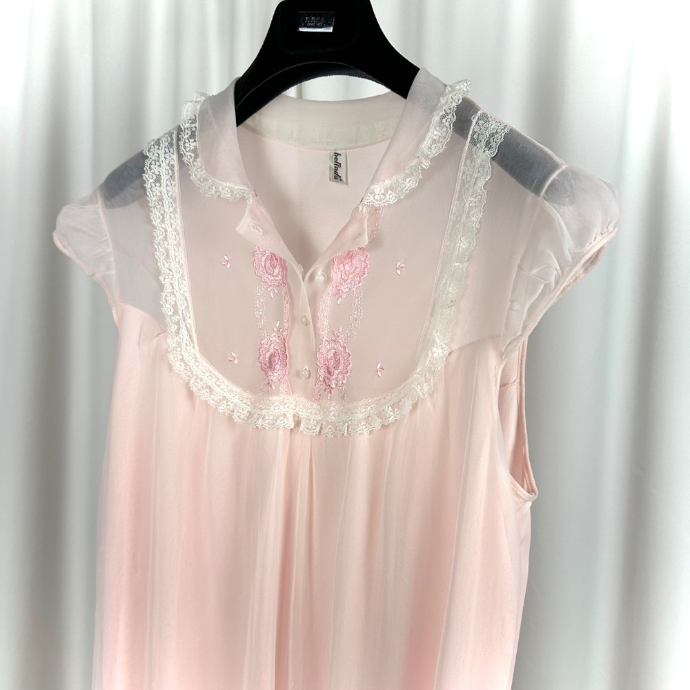 Vintage 60s Pink Sheer Nightgown | Belinda Lace Nylon Slip S/M - Picture 5 of 13